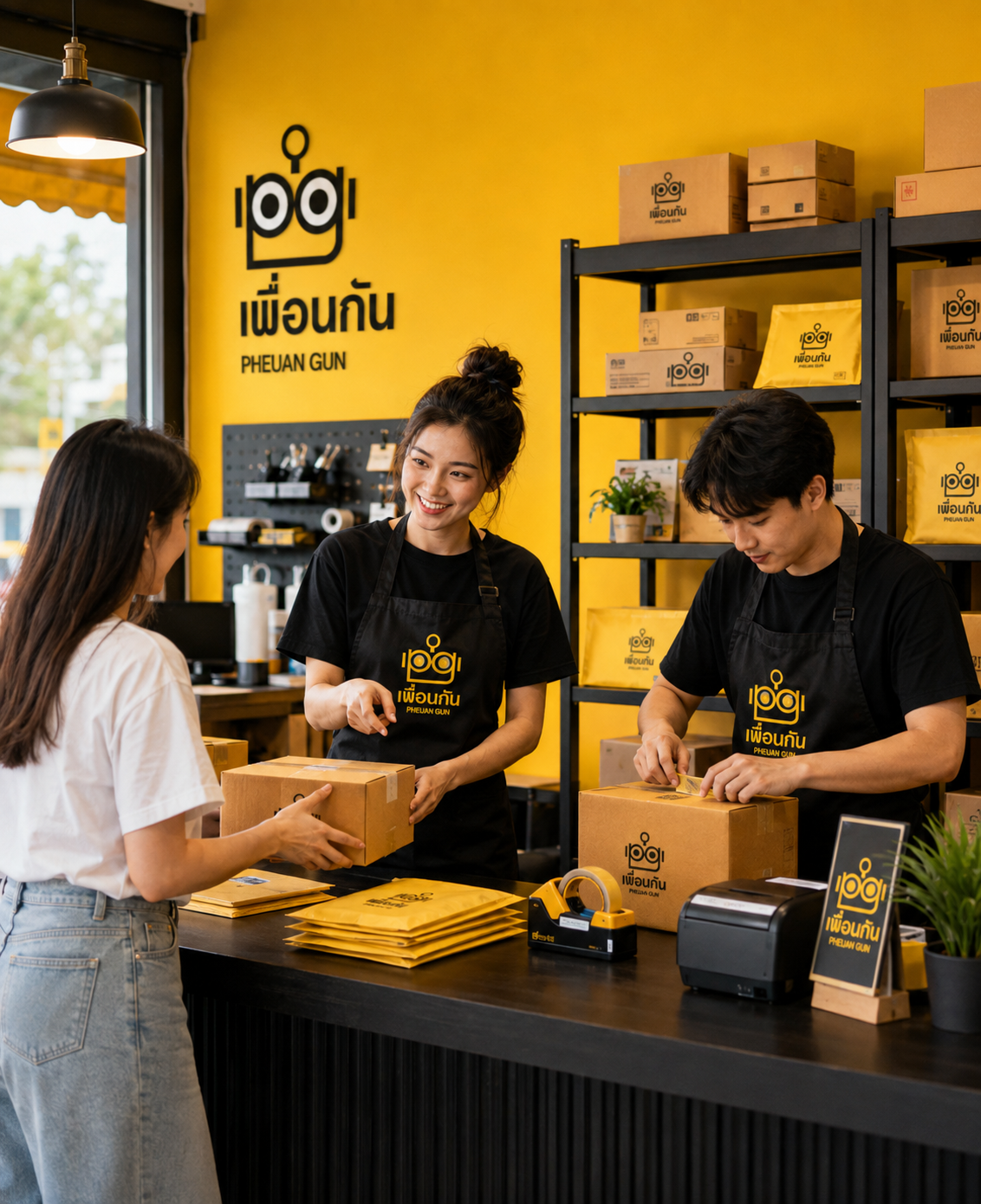 บรรยากาศร้านเพื่อนกันและการช่วยแพ็คพัสดุให้คนขายออนไลน์